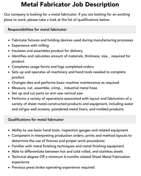 metal fabrication requirements|metal fabrication job description.